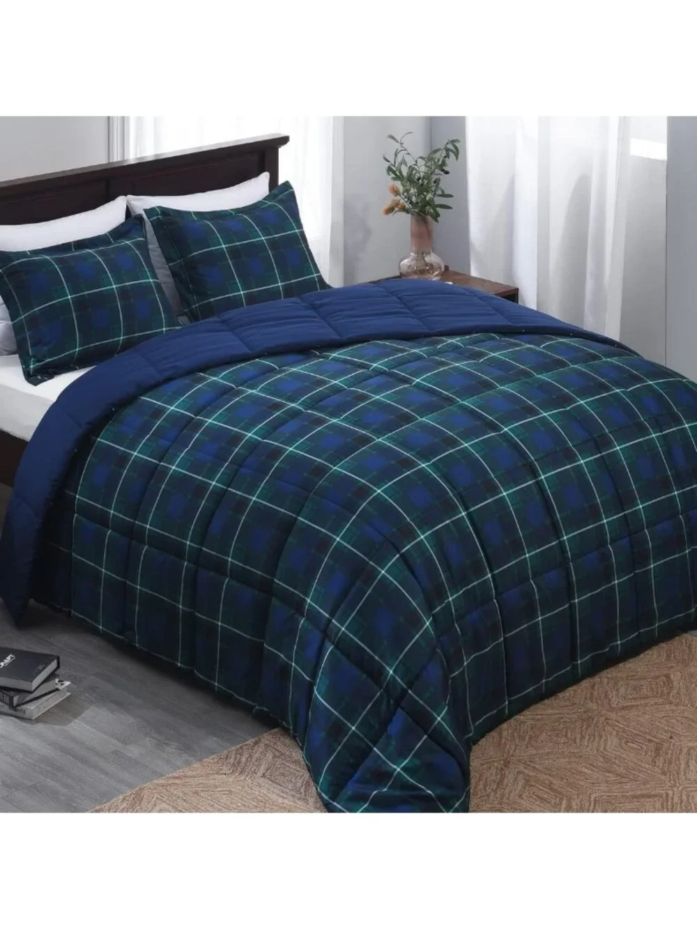 Cozy Twin Comforter Set - Navy Green Buffalo Plaid Down Alternative Bedding, All